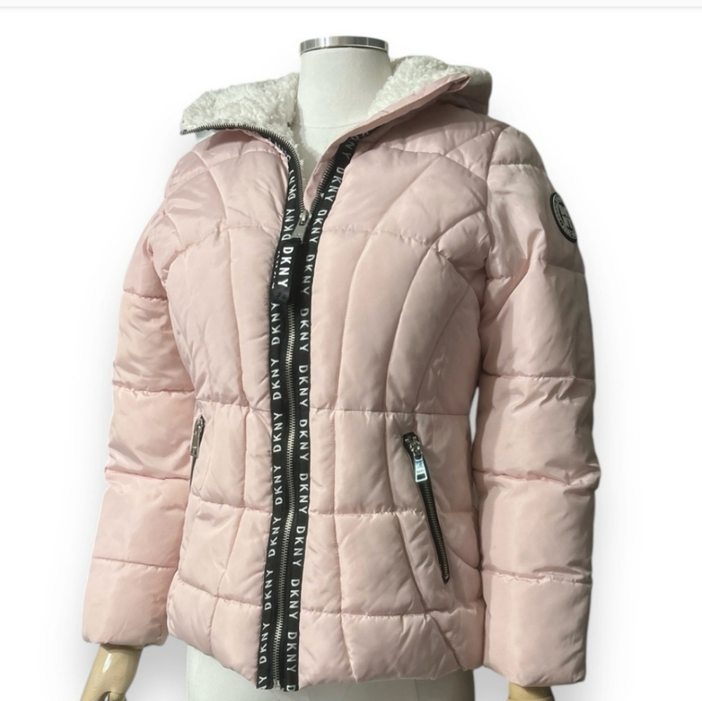 DKNY Pale Pink Fleece Lined Quilted Hooded Puffer Jacket Zip Front